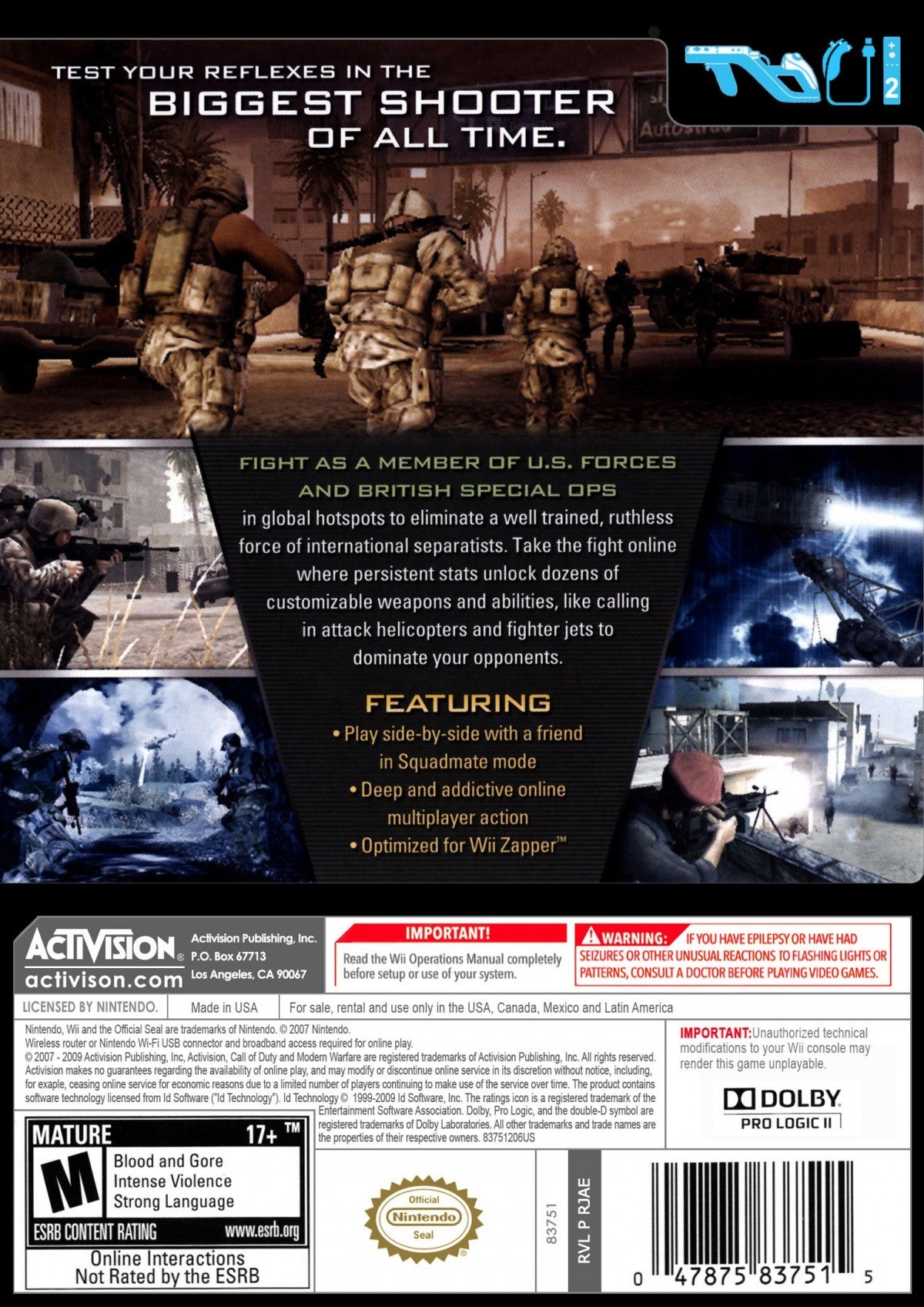 Call of Duty Modern Warfare Reflex Edition Wii game featuring intense first-person shooter action, motion-controlled gameplay, and cinematic modern military combat back cover art