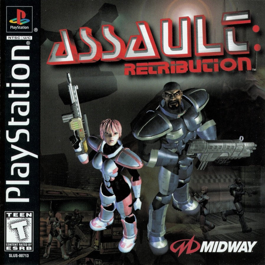 Assault: Retribution PlayStation 1 PS1 for third person shooter retro video game fans featuring futuristic sci fi combat alien enemies powerful weapons intense action cinematic gameplay explosive firefights challenging missions collectible gaming appeal front cover art
