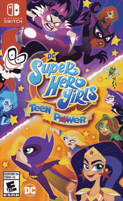 DC Super Hero Girls Teen Power Nintendo Switch inspired design featuring superhero action adventure aesthetic iconic DC heroines teamwork missions colorful comic inspired world youthful hero training fast paced gameplay family friendly presentation front cover