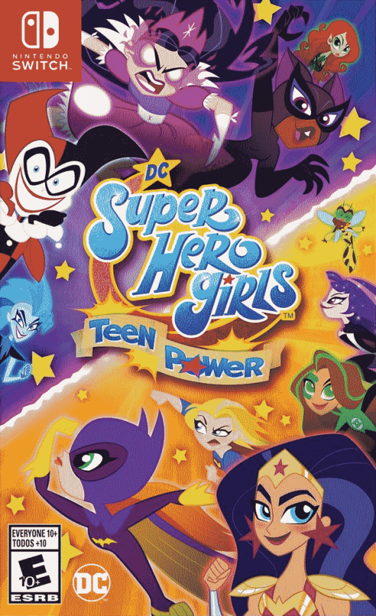DC Super Hero Girls Teen Power Nintendo Switch inspired design featuring superhero action adventure aesthetic iconic DC heroines teamwork missions colorful comic inspired world youthful hero training fast paced gameplay family friendly presentation front cover