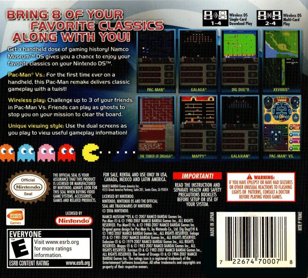 Namco Museum back of case for Nintendo DS (DS) classic arcade game compilation video game