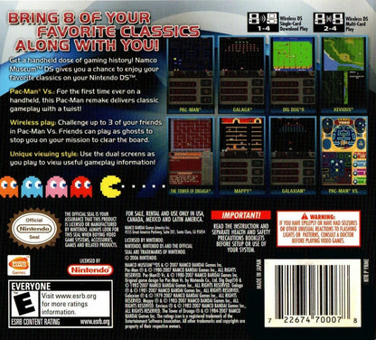 Namco Museum back of case for Nintendo DS (DS) classic arcade game compilation video game