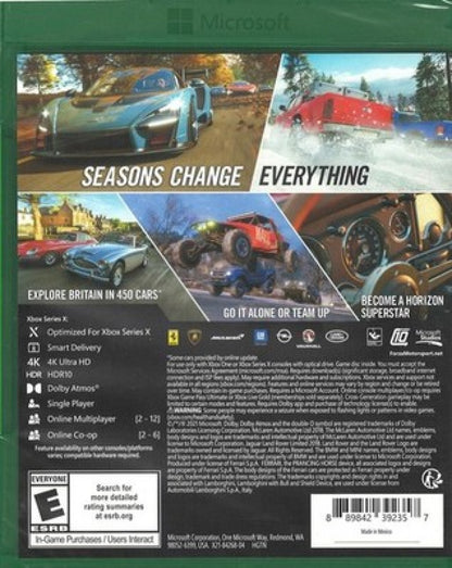 Forza Horizon 4 Xbox One for racing video game fans featuring open world driving exploration hundreds of customizable cars dynamic seasons realistic graphics online multiplayer street racing off road events stunning British countryside environments immersive automotive adventure collectible gaming appeal back cover art