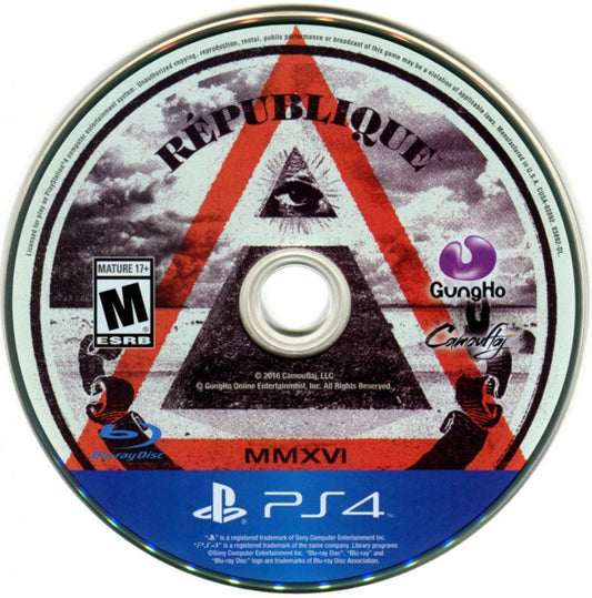 République for PS4 featuring stealth-action gameplay and episodic story-driven adventure disc