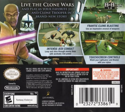 Star Wars Clone Wars Republic Heroes Nintendo DS game featuring action adventure gameplay, cooperative missions, and characters from the Star Wars The Clone Wars series back cover
