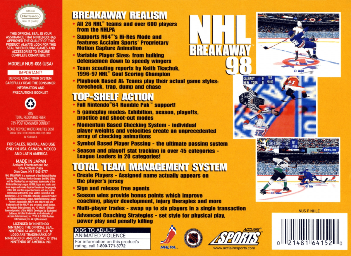 NHL Breakaway 98 back cover art for Nintendo 64 N64 video game