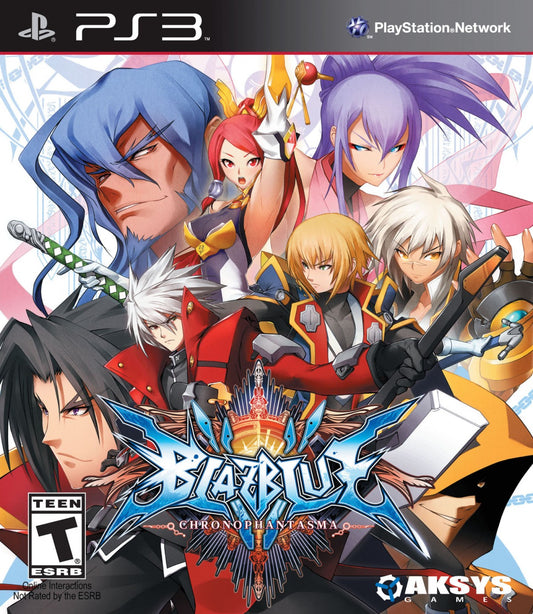 BlazBlue Chrono Phantasma game for the PlayStation 3 featuring 2D fighting gameplay with anime style visuals expanded character roster refined combat mechanics multiple modes including Story Arcade and Versus and fast paced competitive battles front cover 