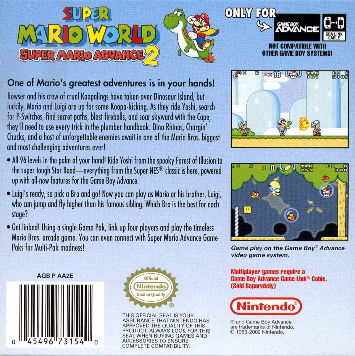 Super Mario Advance 2 Game Boy Advance GBA video game, classic platformer, side-scrolling adventure, Mario franchise handheld title back cover art