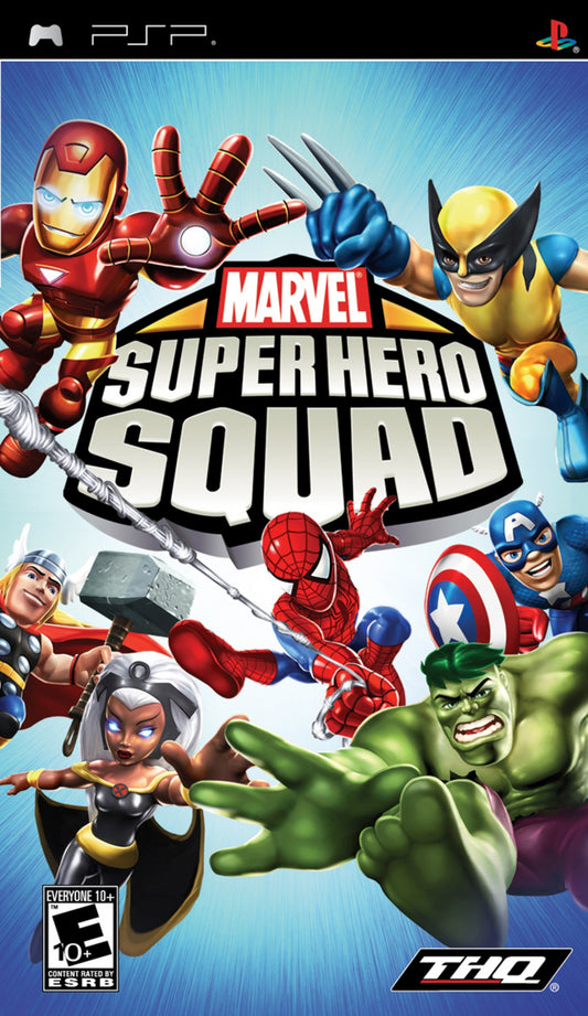 Marvel Super Hero Squad PlayStation Portable inspired design featuring colorful superhero action adventure aesthetic chibi Marvel character style lighthearted combat team based missions comic book inspired environments accessible gameplay and portable arcade style presentation front cover 