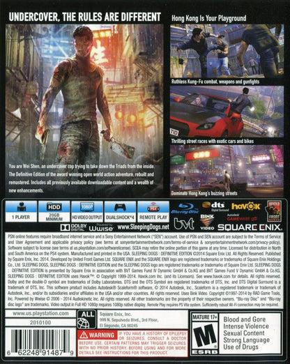 Sleeping Dogs [Definitive Edition] – PlayStation 4 (PS4) video game back of case, open-world action-adventure