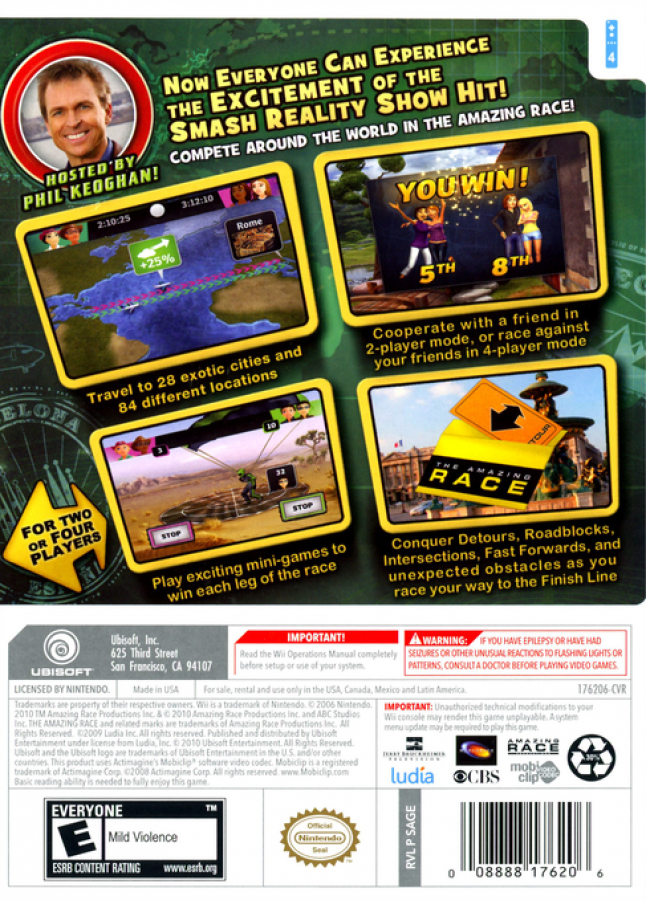 The Amazing Race Nintendo Wii video game, adventure party gameplay, TV show adaptation, multiplayer challenges, Wii console title back cover