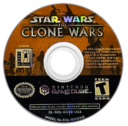 Star Wars The Clone Wars Nintendo GameCube GC for action adventure video game fans featuring Clone Wars battles Jedi and clone troopers vehicle combat lightsaber action blaster weapons multiplayer missions iconic Star Wars characters and cinematic galactic warfare collectible gaming appeal game disc