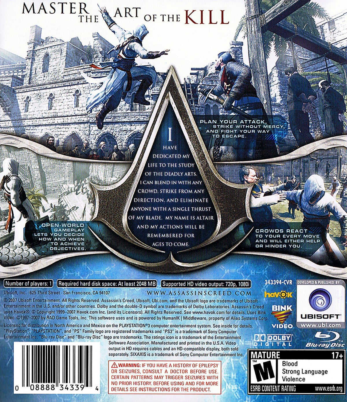 Assassin's Creed back cover art for PlayStation 3 video game. 