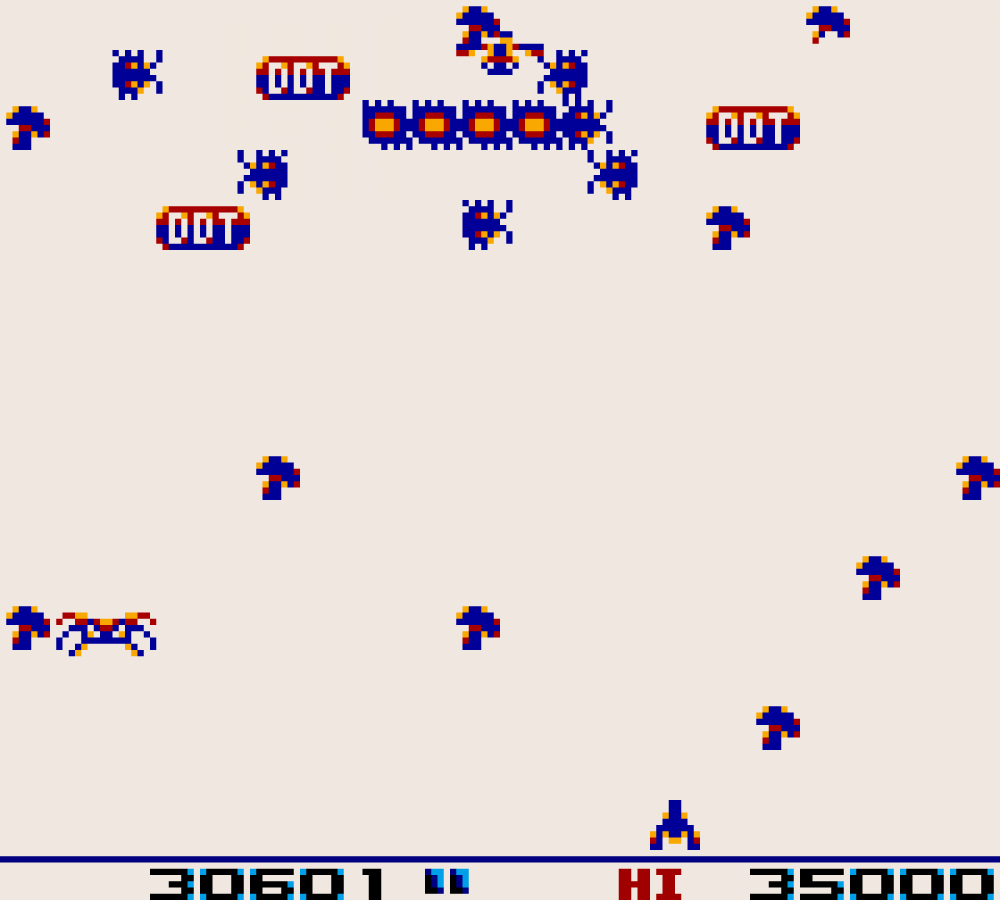 Arcade Classic 2 Centipede and Millipede for Game Boy, gameplay for an arcade shooter compilation video game with fast-paced insect blasting gameplay, score-based challenges, and retro action