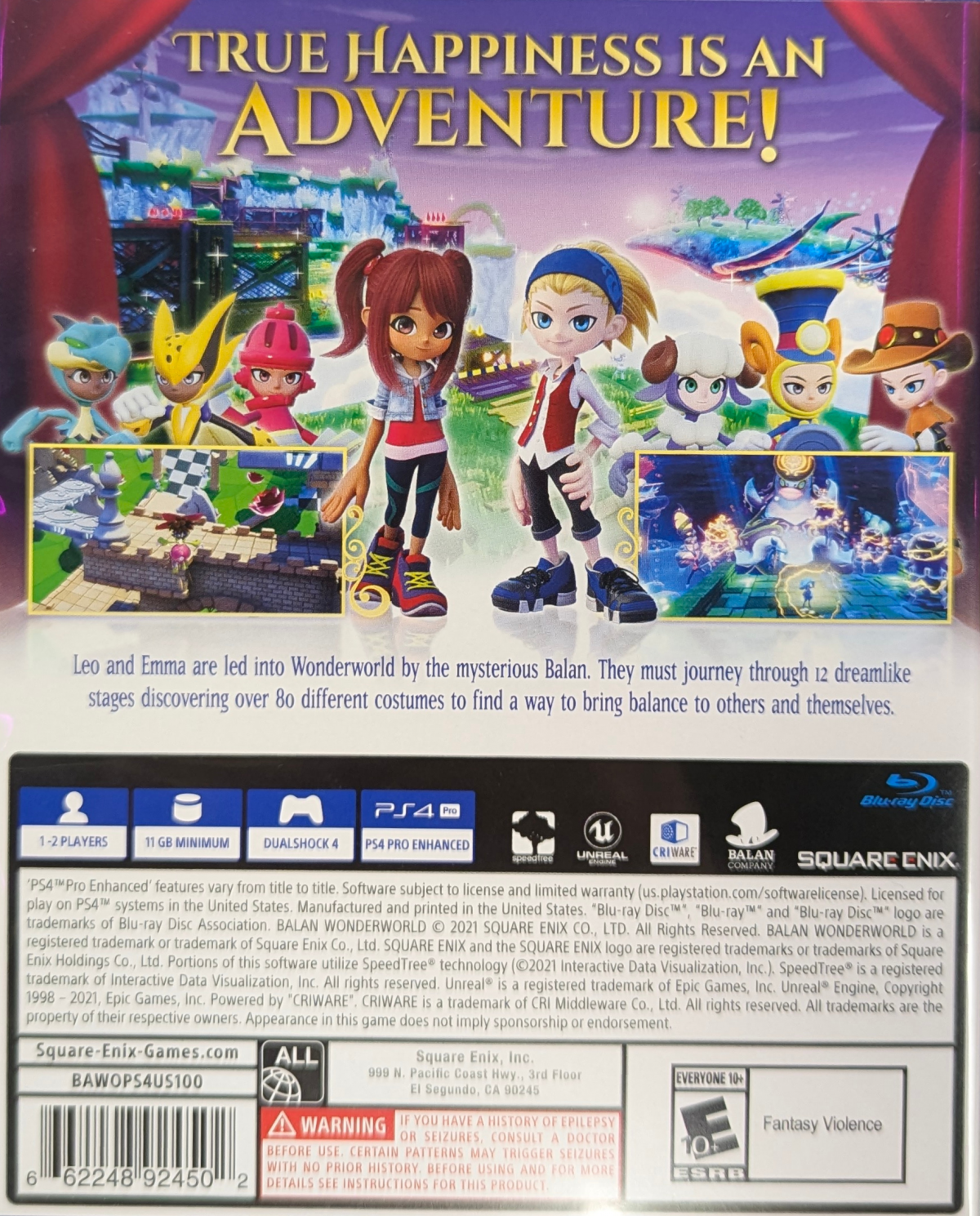 Balan Wonderland for PlayStation 4 (PS4) at Gamers INC, featuring a whimsical musical platforming adventure where you explore the mysterious Wonderworld using over 80 unique costumes that grant special abilities, all wrapped in colorful stages and theatrical storytelling from the creators of classic Sonic-era platformers back cover