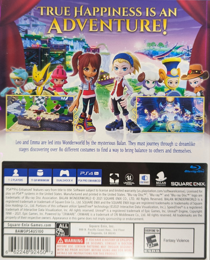 Balan Wonderland for PlayStation 4 (PS4) at Gamers INC, featuring a whimsical musical platforming adventure where you explore the mysterious Wonderworld using over 80 unique costumes that grant special abilities, all wrapped in colorful stages and theatrical storytelling from the creators of classic Sonic-era platformers back cover