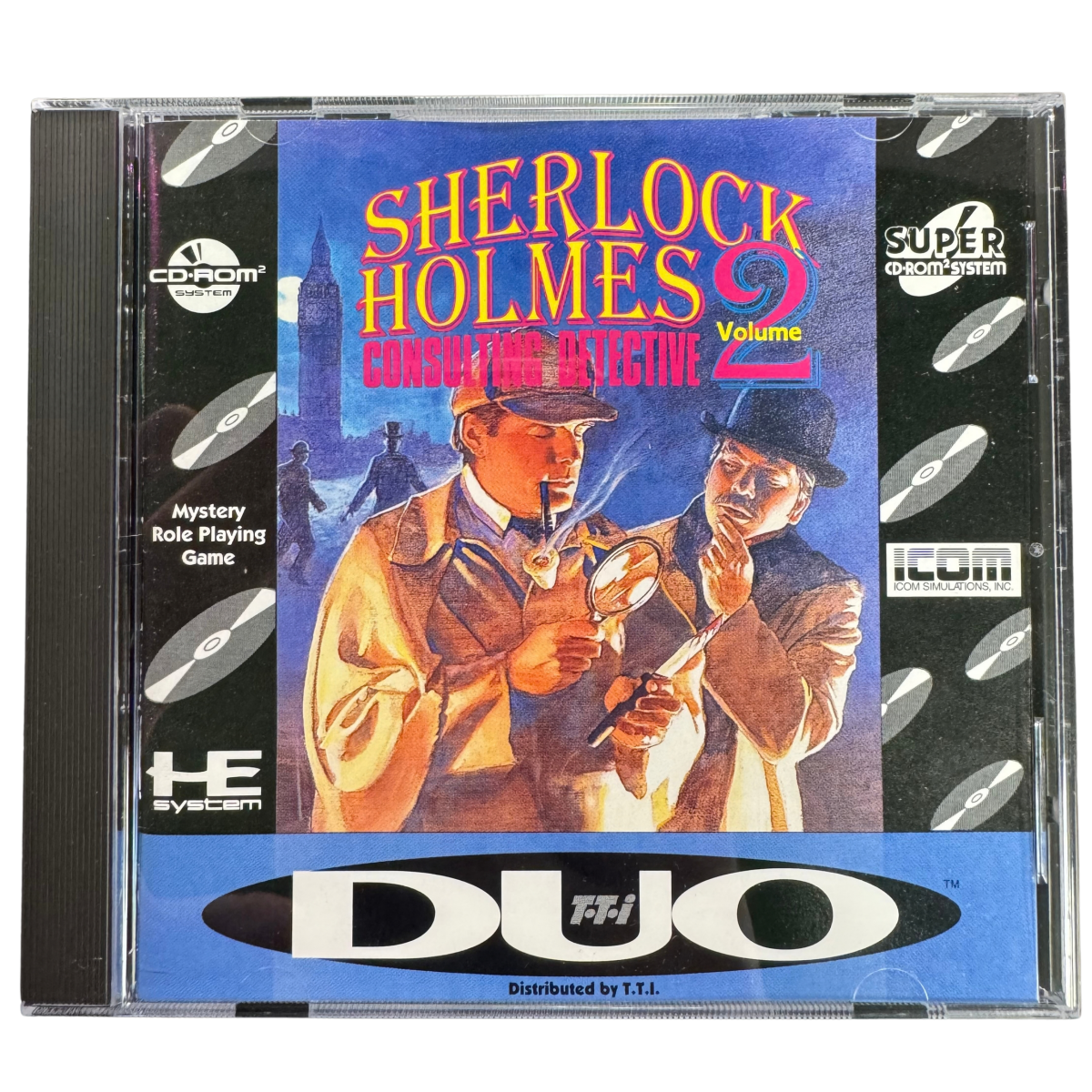 Sherlock Holmes Consulting Detective Volume II TurboGrafx-16 CD TGCD video game Complete In Box CIB featuring mystery adventure gameplay Sherlock Holmes detective investigations clue gathering evidence analysis case solving interactive storytelling and classic 16 bit TurboGrafx-16 CD gameplay retro video game collection collectible gaming appeal cover art