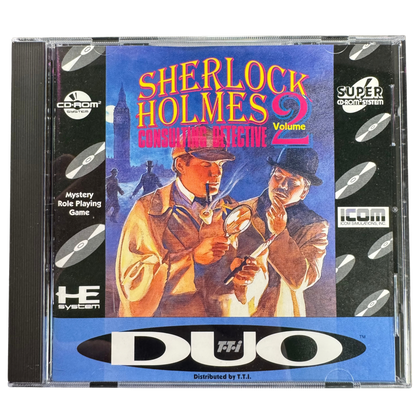 Sherlock Holmes Consulting Detective Volume II TurboGrafx-16 CD TGCD video game Complete In Box CIB featuring mystery adventure gameplay Sherlock Holmes detective investigations clue gathering evidence analysis case solving interactive storytelling and classic 16 bit TurboGrafx-16 CD gameplay retro video game collection collectible gaming appeal cover art