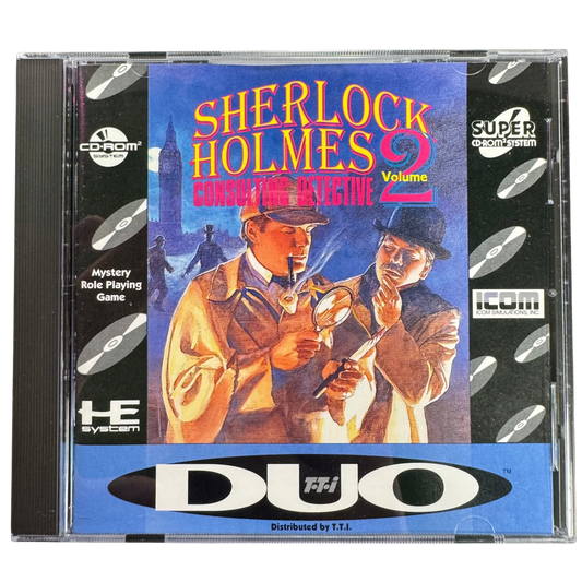 Sherlock Holmes Consulting Detective Volume II TurboGrafx-16 CD TGCD video game Complete In Box CIB featuring mystery adventure gameplay Sherlock Holmes detective investigations clue gathering evidence analysis case solving interactive storytelling and classic 16 bit TurboGrafx-16 CD gameplay retro video game collection collectible gaming appeal cover art