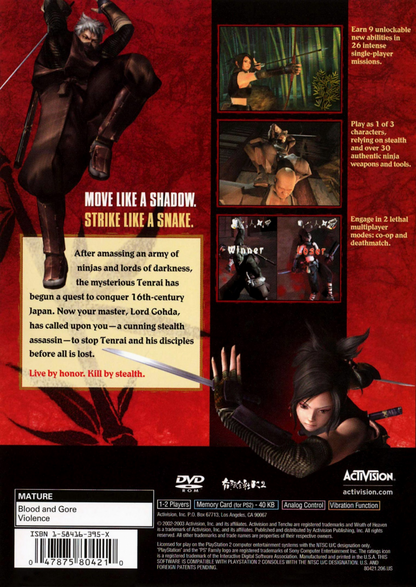 Tenchu: Wrath of Heaven PS2 stealth action video game featuring ninja-style gameplay, strategic assassination missions, rooftop infiltration, multiple playable characters (including Rikimaru and Ayame), atmospheric feudal Japan environments, cooperative and competitive modes, and classic Tenchu stealth mechanics on PlayStation 2. back cover