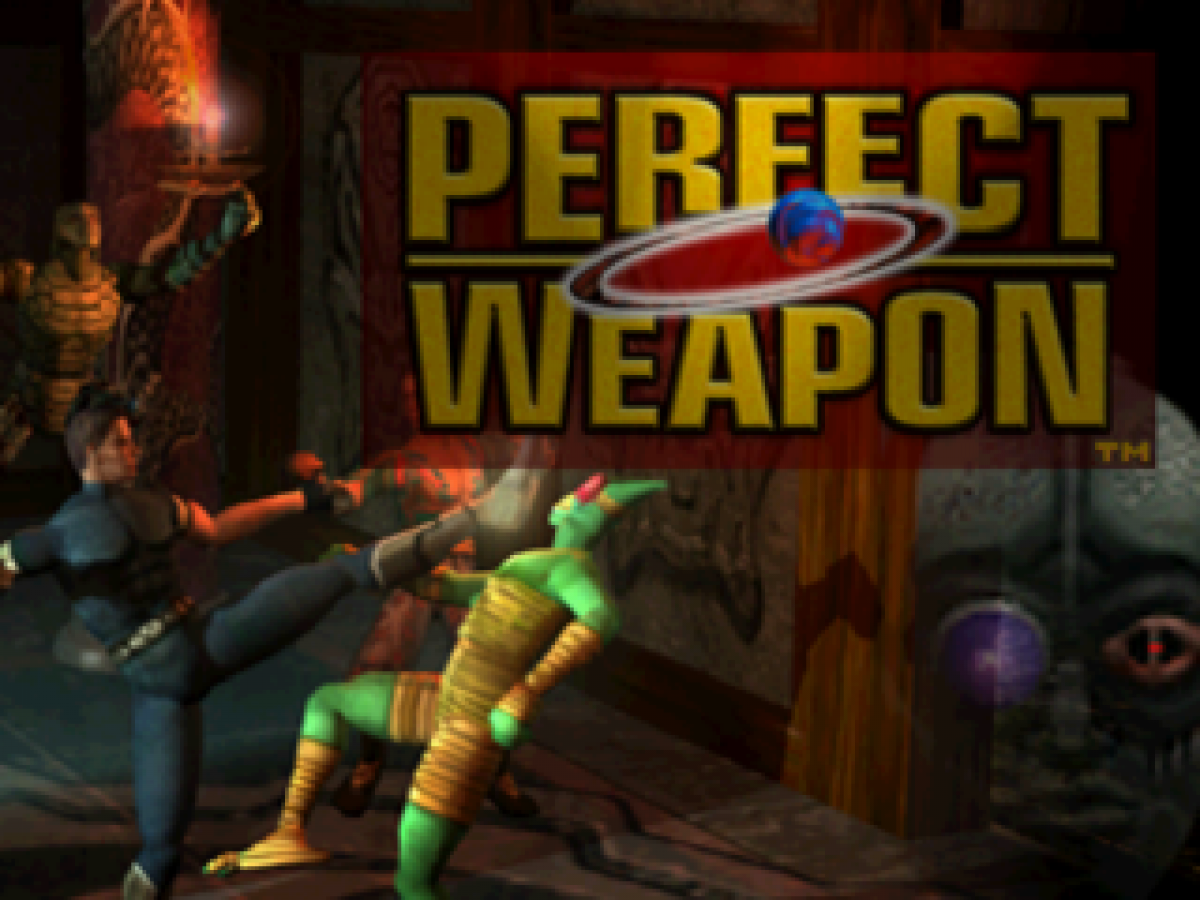 Perfect Weapon action-adventure video game for the original Sony PlayStation (PS1), featuring a powerful warrior battling enemies through futuristic environments, using melee attacks, weapons, special abilities, and fast-paced combat while exploring dangerous levels and taking on challenging bosses title screen