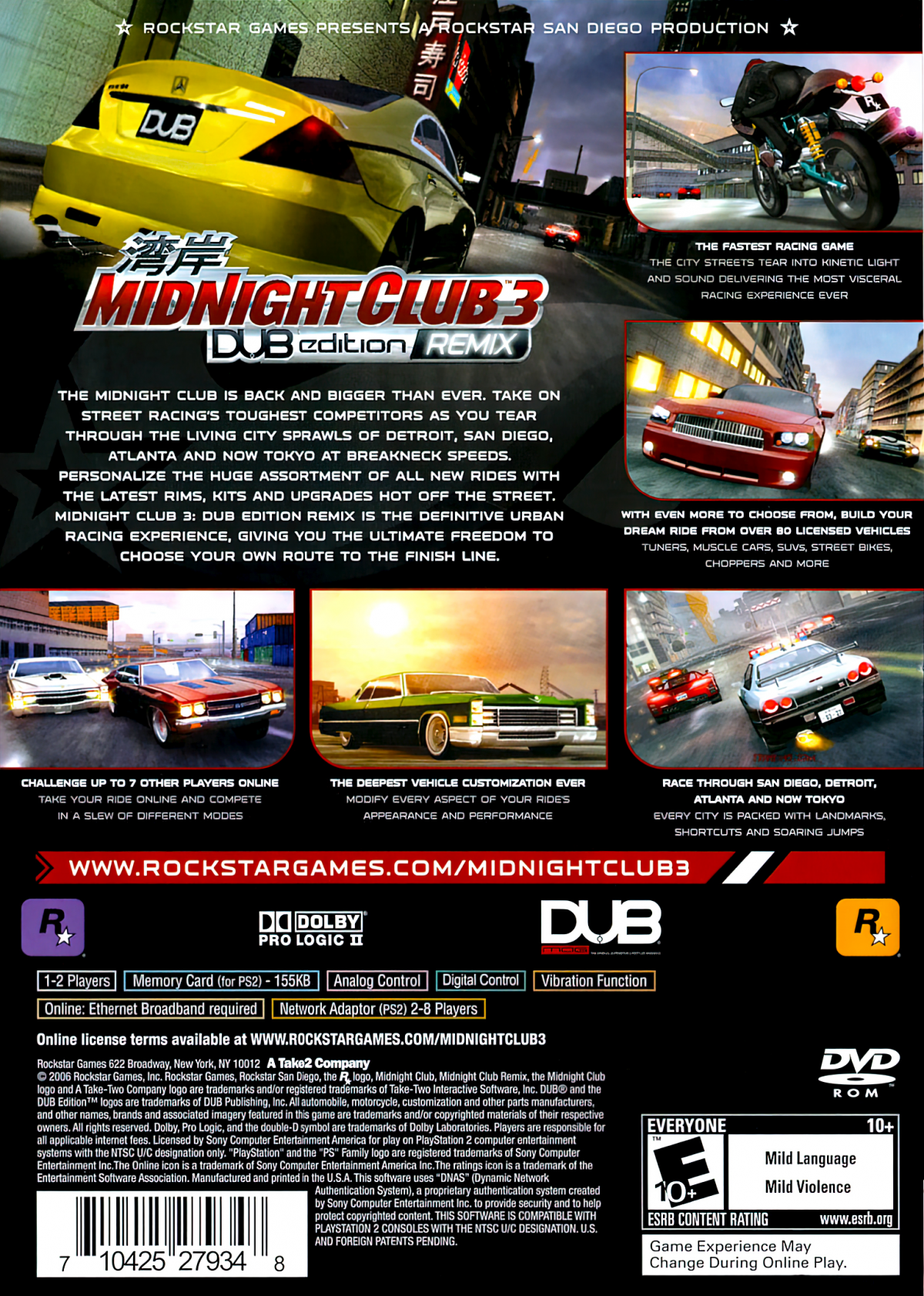 Midnight Club 3 DUB Edition Remix Greatest Hits treet racing game for PlayStation 2 back cover art