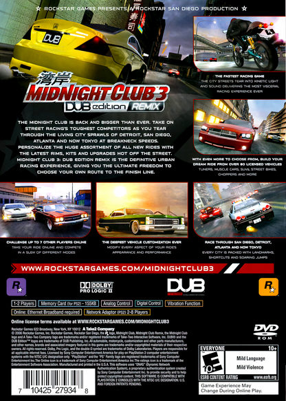 Midnight Club 3 DUB Edition Remix Greatest Hits treet racing game for PlayStation 2 back cover art
