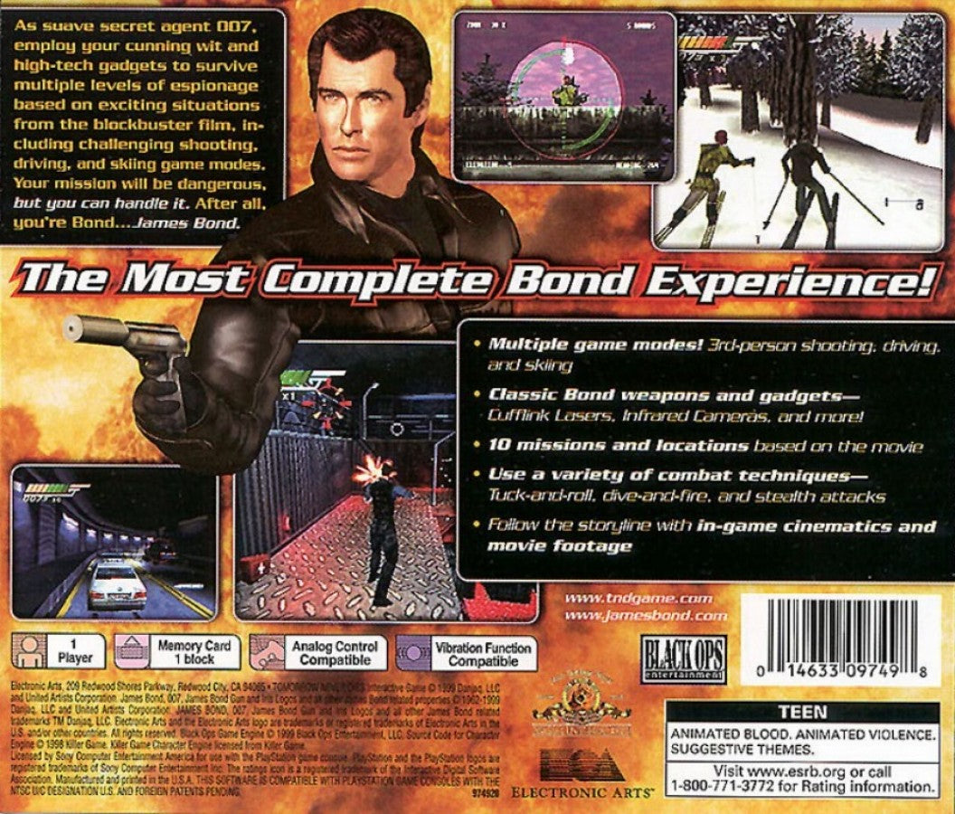 007: Tomorrow Never Dies — PlayStation 1 (PS1) is an action-adventure game based on the James Bond film featuring stealth, driving, and shooting back cover art