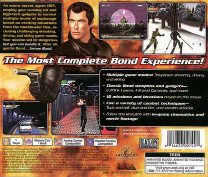 007: Tomorrow Never Dies — PlayStation 1 (PS1) is an action-adventure game based on the James Bond film featuring stealth, driving, and shooting back cover art