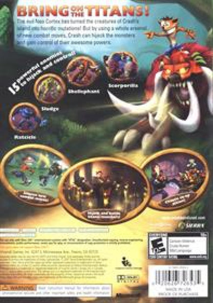 Crash of the Titans Xbox 360 X360 for action platforming video game fans featuring Crash Bandicoot combat mutant enemies jungle environments enemy hijacking abilities platforming challenges colorful levels boss battles and fast paced cartoon adventure gameplay collectible gaming appeal back