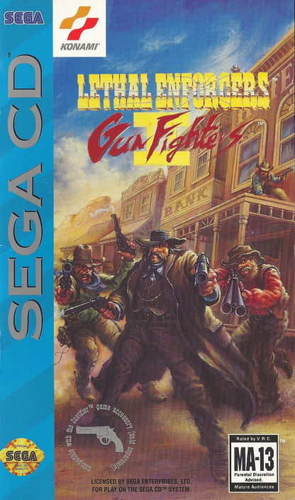 Lethal Enforcers II Gun Fighters Sega CD Sega CD light gun shooter western themed arcade shooting cowboy outlaws train robberies GunCon style aiming Konami FMV style presentation cooperative arcade gameplay retro gaming Sega CD software video game title front cover 