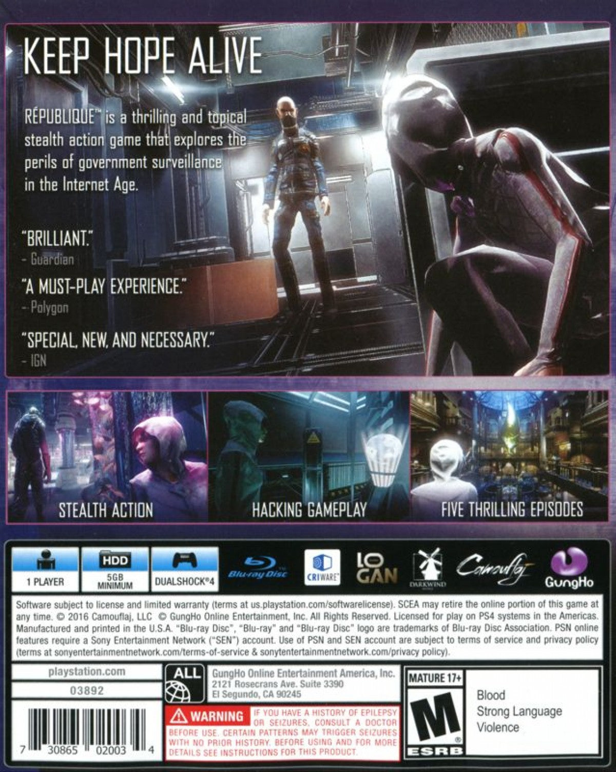 République for PS4 featuring stealth-action gameplay and episodic story-driven adventure back cover art