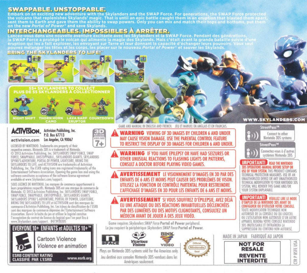 Skylanders: Swap Force back of case for Nintendo 3DS (3DS) action adventure video game