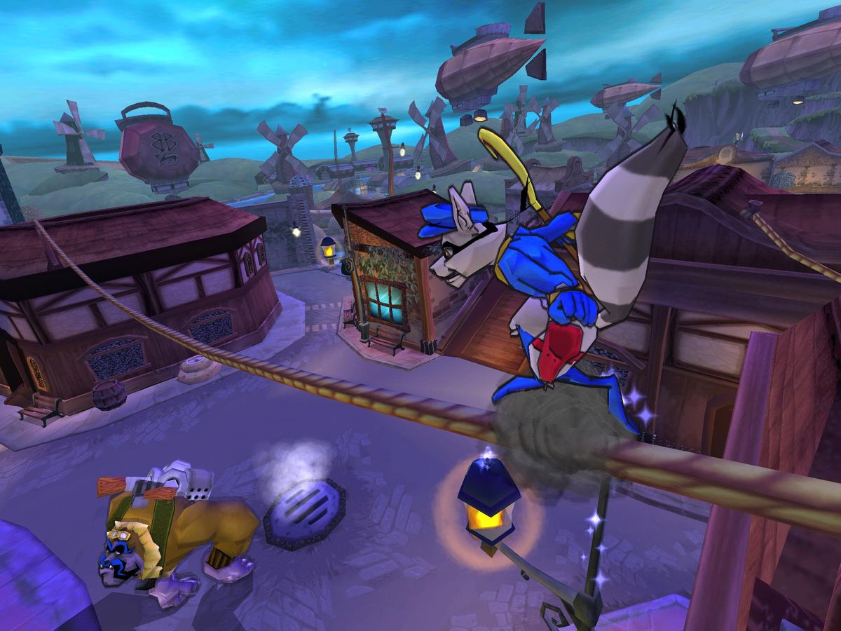 Sly 3: Honor Among Thieves [Greatest Hits] for PlayStation 2 (PS2) featuring the same globe trotting stealth platforming heist adventure with multiple playable Cooper Gang members and varied missions; includes the Greatest Hits re release branding for this complete team based caper on PS2 gameplay screenshot