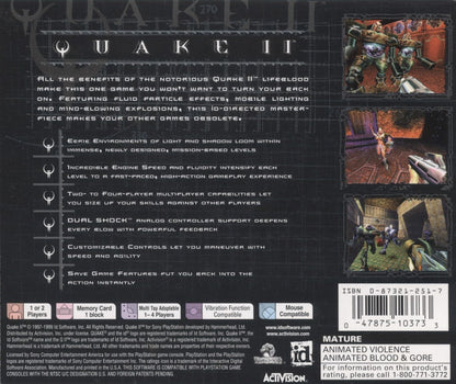 Quake II PlayStation 1 PS1 for first person shooter retro video game fans featuring fast paced sci fi combat alien enemies futuristic weapons intense multiplayer action explosive firefights challenging missions collectible gaming appeal back of case