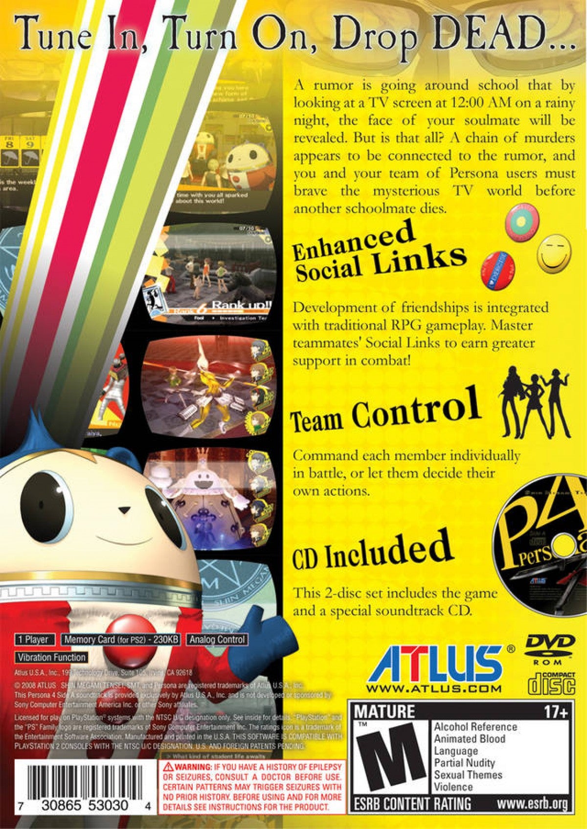 Shin Megami Tensei Persona 4 Missing Bonus Disc PlayStation 2 PS2 video game featuring Japanese role playing gameplay Yu Narukami character supernatural mystery investigation social simulation dungeon exploration turn based combat Persona abilities and classic PlayStation 2 gameplay retro video game collection collectible gaming appeal back cover art