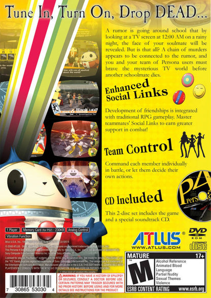 Shin Megami Tensei Persona 4 Missing Bonus Disc PlayStation 2 PS2 video game featuring Japanese role playing gameplay Yu Narukami character supernatural mystery investigation social simulation dungeon exploration turn based combat Persona abilities and classic PlayStation 2 gameplay retro video game collection collectible gaming appeal back cover art
