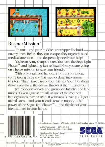 Rescue Mission – Sega Master System (SMS) back of box for rail shooter video game