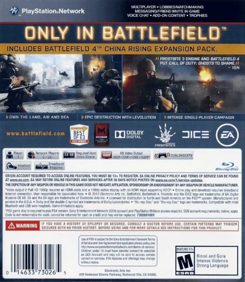 Battlefield 4 back cover art for PlayStation 3 (PS3) video game