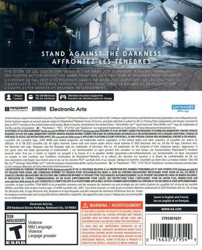 Star Wars: Jedi Survivor back of box for PlayStation 5 (PS5) action adventure video game