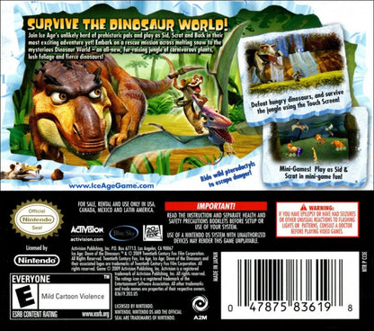 Ice Age Dawn of the Dinosaurs Nintendo DS DS for action adventure video game fans featuring Scrat and Ice Age characters dinosaur encounters prehistoric environments platforming challenges puzzle solving mini games colorful levels and family friendly portable Nintendo DS gameplay collectible gaming appeal back cover art
