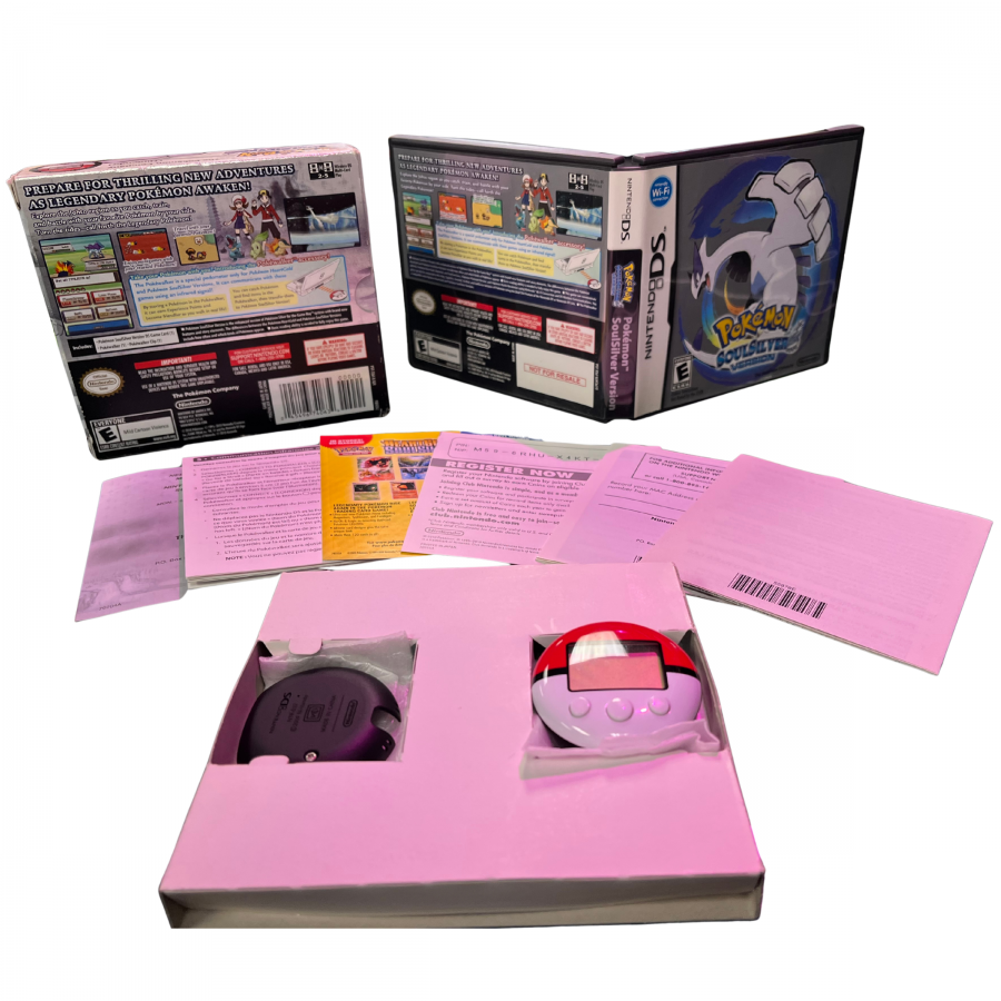 Pokémon SoulSilver Version Pokéwalker Bundle Nintendo DS DS video game featuring Pokémon role playing gameplay Johto region adventure Pokémon catching training and battling classic Pokémon characters rival battles gym leader challenges legendary Pokémon exploration Pokéwalker pedometer accessory walking based gameplay wireless connectivity and collectible bundle edition retro Nintendo handheld gaming collection collectible gaming appeal open display
