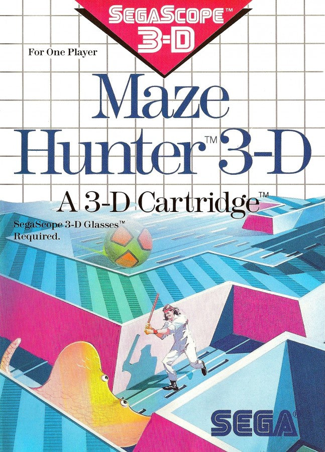 Maze Hunter 3D Sega Master System SMS for arcade action adventure video game fans featuring three dimensional maze exploration enemy battles weapon upgrades power ups challenging labyrinths futuristic environments and classic Sega Master System gameplay collectible retro gaming appeal front cover art