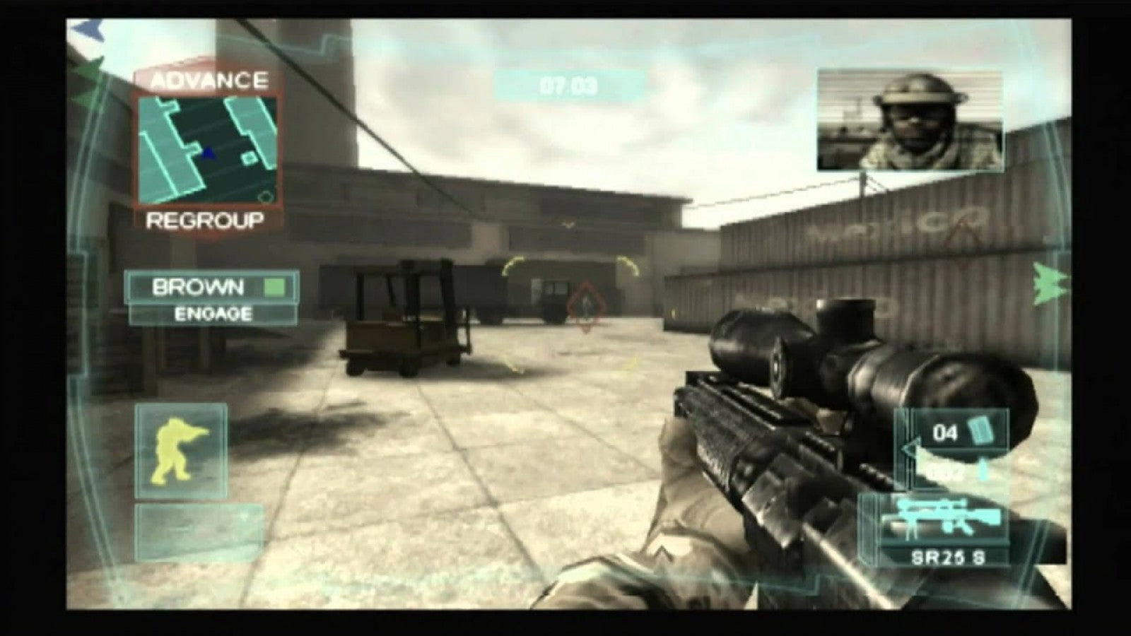 Tom Clancy's Ghost Recon: Advanced Warfighter for PlayStation 2 (PS2) featuring tactical third person shooting with squad commands and modern military gear in an urban combat campaign; plan your approach issue orders and complete objectives with Ghost Recon style realism on PS2 gameplay screenshot