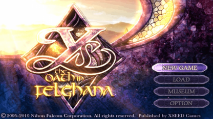 Ys: The Oath in Felghana title page for PlayStation Portable (PSP) action RPG game