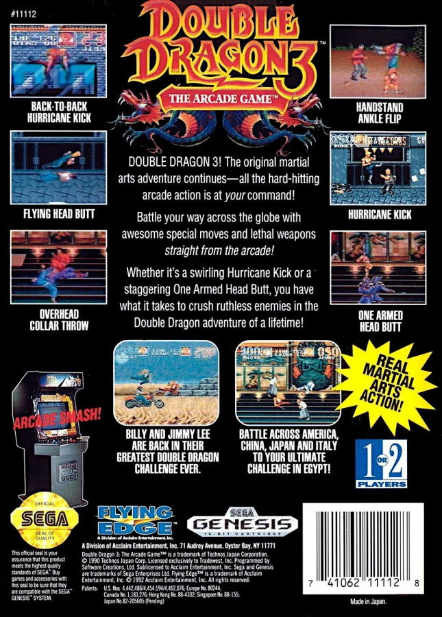 Double Dragon III The Arcade Game Sega Genesis retro video game beat em up back of case (1993)