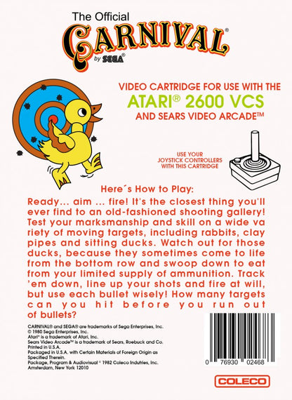 Carnival retro Atari 2600 video game featuring arcade shooting gallery gameplay, carnival mini games, target shooting challenges and classic Atari entertainment - back of case