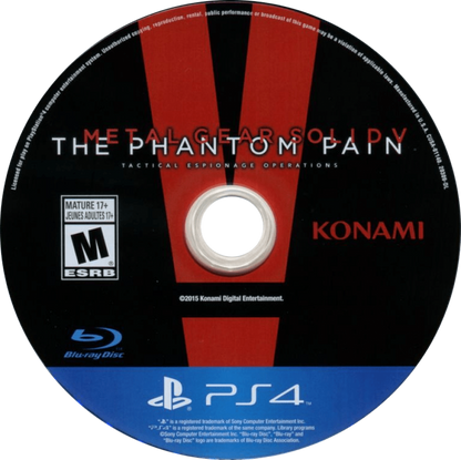 Retro Metal Gear Solid V The Phantom Pain PS4 inspired design featuring tactical stealth action aesthetic open world military infiltration cinematic espionage gameplay futuristic warfare Diamond Dogs mercenary operations Hideo Kojima masterpiece nostalgic stealth adventure presentation disc