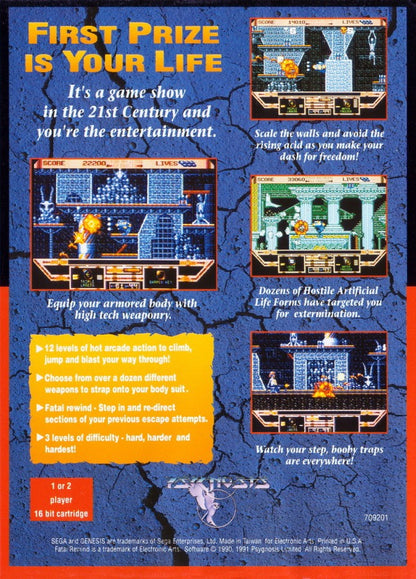 Fatal Rewind Sega Genesis GEN for retro video game enthusiasts featuring futuristic shoot em up gameplay fast paced space combat intense enemy waves powerful weapon upgrades sci fi arcade action challenging missions and collectible gaming appeal back art 