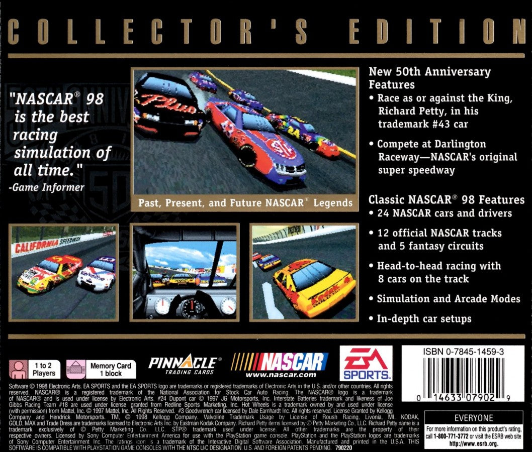 NASCAR 98 Collector’s Edition for PlayStation 1, back of case for a stock car racing game with NASCAR competition, licensed drivers, fast-paced arcade racing, and motorsports gameplay